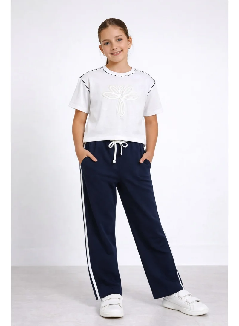 فكتور اند جين Girls 2 Pc Set Classy Embossed Top & Pants Set – White & Navy